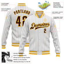 Laden Sie das Bild in den Galerie-Viewer, Custom White Brown Pinstripe Brown-Gold Bomber Full-Snap Varsity Letterman Jacket
