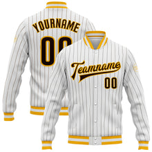 Laden Sie das Bild in den Galerie-Viewer, Custom White Brown Pinstripe Brown-Gold Bomber Full-Snap Varsity Letterman Jacket