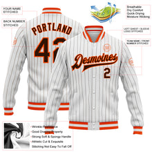 Laden Sie das Bild in den Galerie-Viewer, Custom White Brown Pinstripe Brown-Orange Bomber Full-Snap Varsity Letterman Jacket