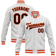 Laden Sie das Bild in den Galerie-Viewer, Custom White Brown Pinstripe Brown-Orange Bomber Full-Snap Varsity Letterman Jacket