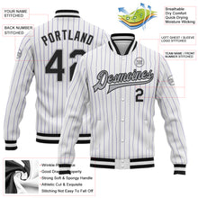 Laden Sie das Bild in den Galerie-Viewer, Custom White Purple Pinstripe Black-Gray Bomber Full-Snap Varsity Letterman Jacket