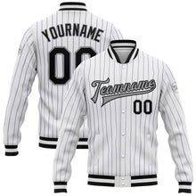 Laden Sie das Bild in den Galerie-Viewer, Custom White Purple Pinstripe Black-Gray Bomber Full-Snap Varsity Letterman Jacket