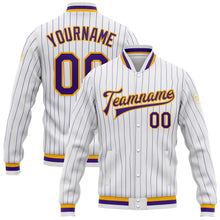 Загрузить изображение в средство просмотра галереи, Custom White Purple Pinstripe Purple-Gold Bomber Full-Snap Varsity Letterman Jacket