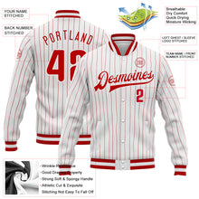 Laden Sie das Bild in den Galerie-Viewer, Custom White Red Pinstripe Red-White Bomber Full-Snap Varsity Letterman Jacket