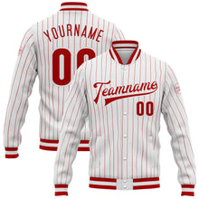 Laden Sie das Bild in den Galerie-Viewer, Custom White Red Pinstripe Red-White Bomber Full-Snap Varsity Letterman Jacket