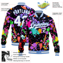 Загрузить изображение в средство просмотра галереи, Custom Graffiti Pattern White-Light Blue Splashes 3D Bomber Full-Snap Varsity Letterman Jacket