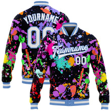 Загрузить изображение в средство просмотра галереи, Custom Graffiti Pattern White-Light Blue Splashes 3D Bomber Full-Snap Varsity Letterman Jacket