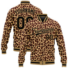 Laden Sie das Bild in den Galerie-Viewer, Custom Brown Black-Old Gold Leopard 3D Pattern Design Bomber Full-Snap Varsity Letterman Jacket
