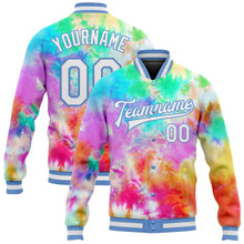 Charger l'image dans la galerie, Custom Tie Dye White-Light Blue Rainbow 3D Bomber Full-Snap Varsity Letterman Jacket