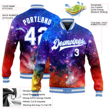 Laden Sie das Bild in den Galerie-Viewer, Custom Galactic White-Light Blue 3D Bomber Full-Snap Varsity Letterman Jacket