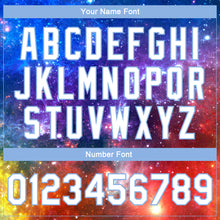 Laden Sie das Bild in den Galerie-Viewer, Custom Galactic White-Light Blue 3D Bomber Full-Snap Varsity Letterman Jacket