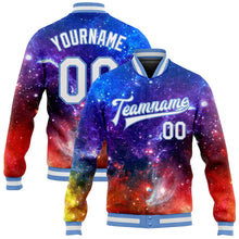 Laden Sie das Bild in den Galerie-Viewer, Custom Galactic White-Light Blue 3D Bomber Full-Snap Varsity Letterman Jacket