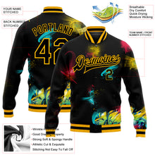 Загрузить изображение в средство просмотра галереи, Custom Graffiti Pattern Black-Gold 3D Bomber Full-Snap Varsity Letterman Jacket