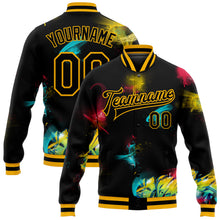 Загрузить изображение в средство просмотра галереи, Custom Graffiti Pattern Black-Gold 3D Bomber Full-Snap Varsity Letterman Jacket