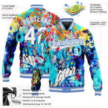 Загрузить изображение в средство просмотра галереи, Custom Graffiti Pattern White-Light Blue Abstract 3D Bomber Full-Snap Varsity Letterman Jacket