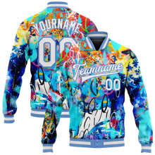 Загрузить изображение в средство просмотра галереи, Custom Graffiti Pattern White-Light Blue Abstract 3D Bomber Full-Snap Varsity Letterman Jacket
