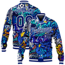 Загрузить изображение в средство просмотра галереи, Custom Graffiti Pattern Royal-White Abstract Urban Street Art 3D Bomber Full-Snap Varsity Letterman Jacket