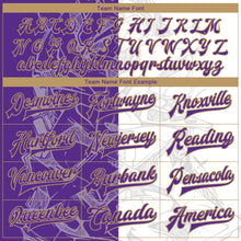 Загрузить изображение в средство просмотра галереи, Custom Graffiti Pattern Purple-Old Gold Scratch 3D Bomber Full-Snap Varsity Letterman Jacket