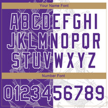 Загрузить изображение в средство просмотра галереи, Custom Graffiti Pattern Purple-Old Gold Scratch 3D Bomber Full-Snap Varsity Letterman Jacket