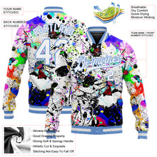 Загрузить изображение в средство просмотра галереи, Custom Graffiti Pattern White-Light Blue Splashes 3D Bomber Full-Snap Varsity Letterman Jacket