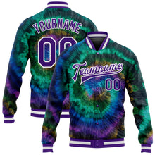 Charger l'image dans la galerie, Custom Tie Dye Purple-White Rainbow 3D Bomber Full-Snap Varsity Letterman Jacket