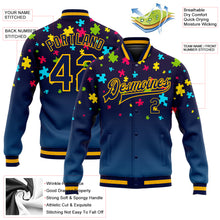 Load image into Gallery viewer, Custom Autism Awareness Puzzle Pieces Navy-Gold 3D Bomber Full-Snap Varsity Letterman Jacket
