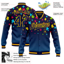 Laden Sie das Bild in den Galerie-Viewer, Custom Autism Awareness Puzzle Pieces Navy-Gold 3D Bomber Full-Snap Varsity Letterman Jacket
