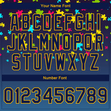 Laden Sie das Bild in den Galerie-Viewer, Custom Autism Awareness Puzzle Pieces Navy-Gold 3D Bomber Full-Snap Varsity Letterman Jacket