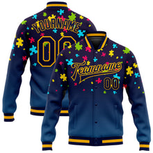 Laden Sie das Bild in den Galerie-Viewer, Custom Autism Awareness Puzzle Pieces Navy-Gold 3D Bomber Full-Snap Varsity Letterman Jacket