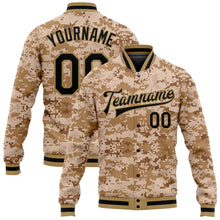 Charger l'image dans la galerie, Custom Camo Black-Old Gold 3D Bomber Full-Snap Varsity Letterman Salute To Service Jacket