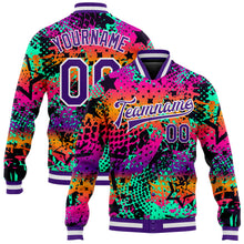 Загрузить изображение в средство просмотра галереи, Custom Graffiti Pattern Purple-White Scratch 3D Bomber Full-Snap Varsity Letterman Jacket