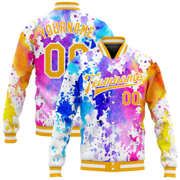 Custom Tie Dye Gold-White Rainbow 3D Bomber Full-Snap Varsity Letterman Jacket