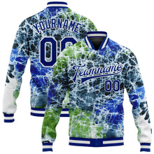 Charger l'image dans la galerie, Custom Tie Dye Royal-White Rainbow 3D Bomber Full-Snap Varsity Letterman Jacket