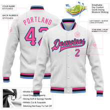Загрузить изображение в средство просмотра галереи, Custom White Pink Black-Light Blue Bomber Full-Snap Varsity Letterman Jacket