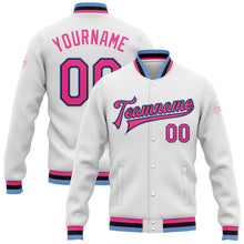 Загрузить изображение в средство просмотра галереи, Custom White Pink Black-Light Blue Bomber Full-Snap Varsity Letterman Jacket