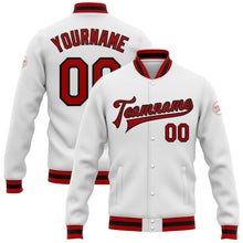 Загрузить изображение в средство просмотра галереи, Custom White Red-Black Bomber Full-Snap Varsity Letterman Jacket
