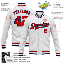 Загрузить изображение в средство просмотра галереи, Custom White Red-Navy Bomber Full-Snap Varsity Letterman Jacket