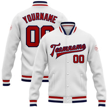 Загрузить изображение в средство просмотра галереи, Custom White Red-Navy Bomber Full-Snap Varsity Letterman Jacket