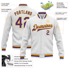 Загрузить изображение в средство просмотра галереи, Custom White Purple-Gold Bomber Full-Snap Varsity Letterman Jacket