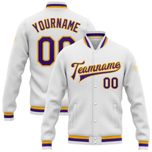 Загрузить изображение в средство просмотра галереи, Custom White Purple-Gold Bomber Full-Snap Varsity Letterman Jacket