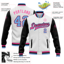 Laden Sie das Bild in den Galerie-Viewer, Custom White Light Blue Black-Pink Bomber Full-Snap Varsity Letterman Two Tone Jacket