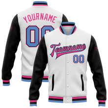 Laden Sie das Bild in den Galerie-Viewer, Custom White Light Blue Black-Pink Bomber Full-Snap Varsity Letterman Two Tone Jacket