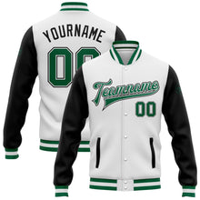 Charger l'image dans la galerie, Custom White Kelly Green-Black Bomber Full-Snap Varsity Letterman Two Tone Jacket