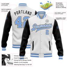 Laden Sie das Bild in den Galerie-Viewer, Custom White Light Blue-Black Bomber Full-Snap Varsity Letterman Two Tone Jacket