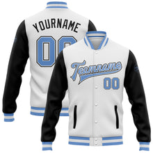 Laden Sie das Bild in den Galerie-Viewer, Custom White Light Blue-Black Bomber Full-Snap Varsity Letterman Two Tone Jacket