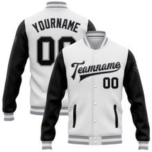 Load image into Gallery viewer, Custom White Black-Gray Bomber Full-Snap Varsity Letterman Two Tone Jacket