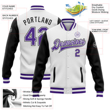 Load image into Gallery viewer, Custom White Purple-Black Bomber Full-Snap Varsity Letterman Two Tone Jacket