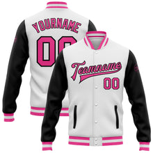 Charger l'image dans la galerie, Custom White Pink-Black Bomber Full-Snap Varsity Letterman Two Tone Jacket