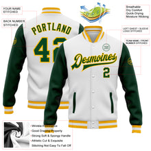 Charger l'image dans la galerie, Custom White Green-Gold Bomber Full-Snap Varsity Letterman Two Tone Jacket