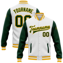 Charger l'image dans la galerie, Custom White Green-Gold Bomber Full-Snap Varsity Letterman Two Tone Jacket
